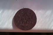 монета царских времен, - денга 1753 года,  медь